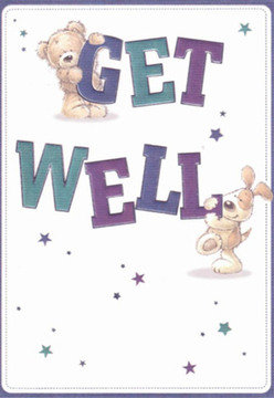 Brimming with light-hearted encouragement, this get well card features two whimsical mascots-a cuddly bear and an animated puppy-working together to share a heartfelt message. The bear perches atop the vivid 'GET,' while the puppy joyfully leans against 'WELL,' both delighting in a scene that is both charming and nurturing. Swirling around them, twinkling stars in deep teals and purples breathe hope into the clean, serene background, much like a fresh bouquet from a Kingsbury florist brings tranquility to a room. The engaging design feels crafted with the same care as arranging blooms from local markets along Kingsbury Road-each expressive face and rounded figure is thoughtfully rendered to communicate warmth and optimism. The tactile illusion of plush fur and long, floppy ears adds a comforting layer, while the celebratory, energetic typestyle mirrors the resilience and positivity cherished by our Kingsbury neighbours. This card, alive with brightness and familiar comfort, makes the perfect gesture for anyone recovering or needing a touch of joy, as if it were delivered alongside a bouquet carefully curated here in NW9.